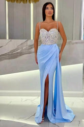 Elegant Long Mermaid Spaghetti Straps Sweetheart Glitter Prom Evening Dresses With Slit