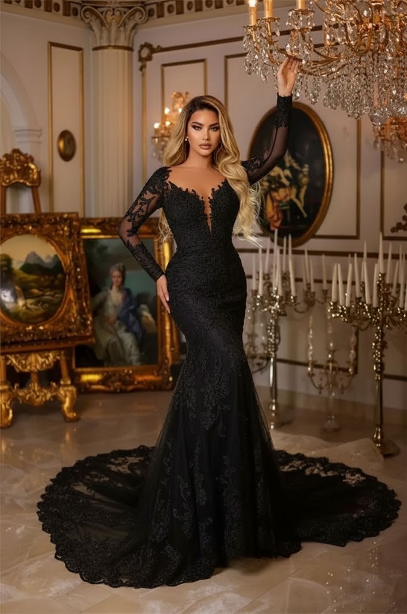 Elegant Long Mermaid V-neck Lace Wedding Dresses With Long Sleeves