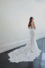 Elegant Long Mermaid V-neck Sleeveless Wedding Dresses With Lace