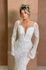 Elegant Long Mermaid White Long Sleeves Wedding Dresses with Lace