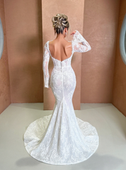 Elegant Long Mermaid White Long Sleeves Wedding Dresses with Lace