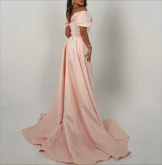 Elegant Long Pink A-line Off-the-shoulder Glitter Appliques Prom Dress with Detachable Train