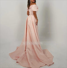 Elegant Long Pink A-line Off-the-shoulder Glitter Appliques Prom Dress with Detachable Train