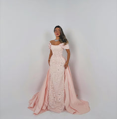 Elegant Long Pink A-line Off-the-shoulder Glitter Appliques Prom Dress with Detachable Train