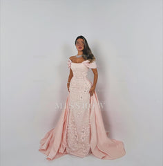 Elegant Long Pink A-line Off-the-shoulder Glitter Appliques Prom Dress with Detachable Train