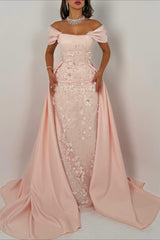 Elegant Long Pink A-line Off-the-shoulder Glitter Appliques Prom Dress with Detachable Train