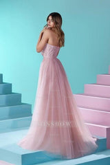 Elegant Long Pink A-line Strapless Lace Glitter Prom Evening Dresses With Slit