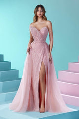 Elegant Long Pink A-line Strapless Lace Glitter Prom Evening Dresses With Slit