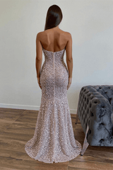 Elegant Long Pink Sexy Strapless Sleeveless Mermaid Prom dresses With Rhinestone