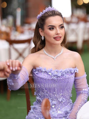 Elegant Long Purple Strapless Mermaid Flowers Evening Dress With Detachable Sleeves