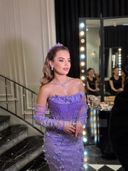 Elegant Long Purple Strapless Mermaid Flowers Evening Dress With Detachable Sleeves