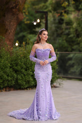 Elegant Long Purple Strapless Mermaid Flowers Evening Dress With Detachable Sleeves