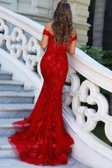 Elegant Long Red Off-the-shoulder Mermaid Prom Evening Dresses with Glitter