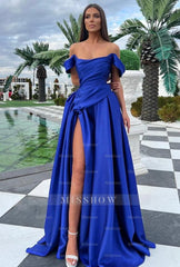 Elegant Long Royal Blue A-line Off-the-shoulder Satin Prom Evening Dresses with Slit