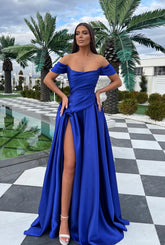Elegant Long Royal Blue A-line Off-the-shoulder Satin Prom Evening Dresses with Slit