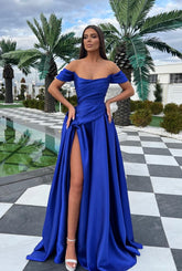 Elegant Long Royal Blue A-line Off-the-shoulder Satin Prom Evening Dresses with Slit