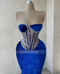 Elegant Long Royal Blue One Shoulder Mermaid Sequined Beading Prom Dress With Lace