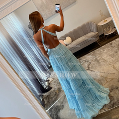 Elegant Long Sky Blue Halter A-line V-neck Prom Dress with Slit and Pearls