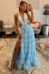 Elegant Long Sky Blue Halter A-line V-neck Prom Dress with Slit and Pearls