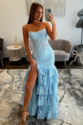 Elegant Long Sky Blue Strapless Lace Cake Prom Dress with Slit