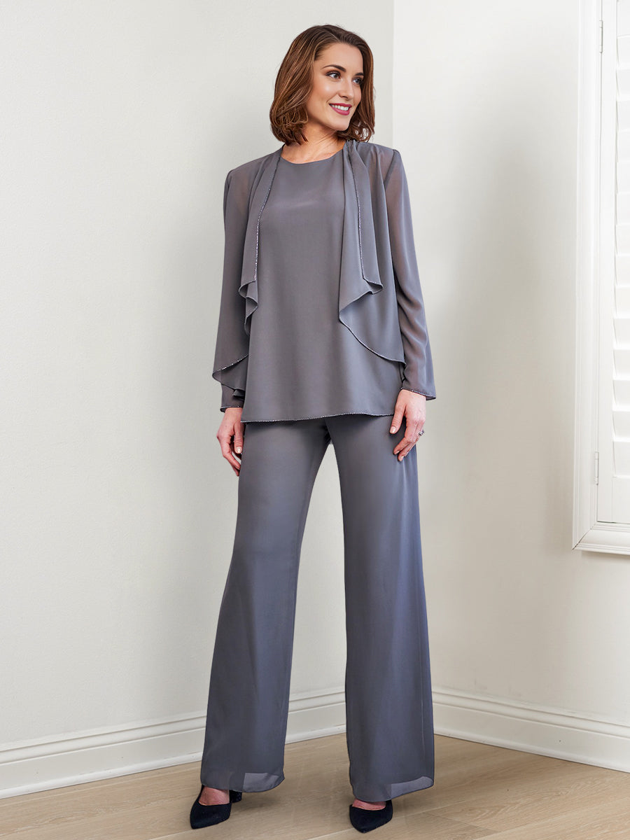 Elegant Long-Sleeve Chiffon Pantsuit with Jacket for the Mother of the Bride