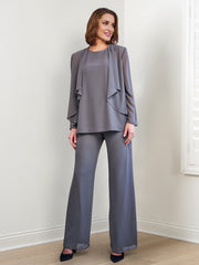 Elegant Long-Sleeve Chiffon Pantsuit with Jacket for the Mother of the Bride