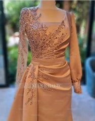 Elegant Long Sleeves Prom Evening Dresses Floral Satin Evening Party Dress with Side Sweep Train
