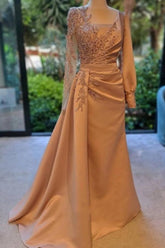 Elegant Long Sleeves Prom Evening Dresses Floral Satin Evening Party Dress with Side Sweep Train