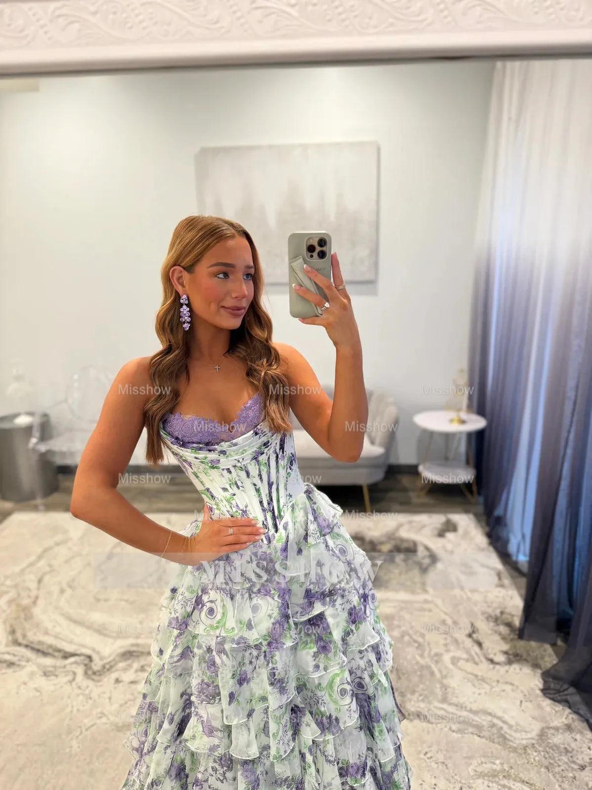 Elegant Long Sweetheart A-line Floral Prom Dress with Slit