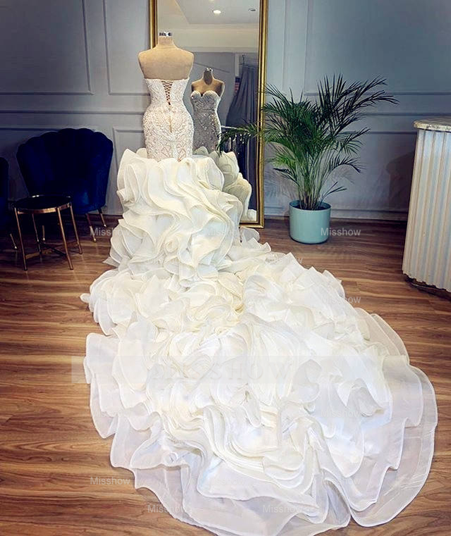 Elegant Long Sweetheart Lace Up Beads Mermaid Wedding Dresses with Ruffles