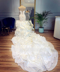 Elegant Long Sweetheart Lace Up Beads Mermaid Wedding Dresses with Ruffles