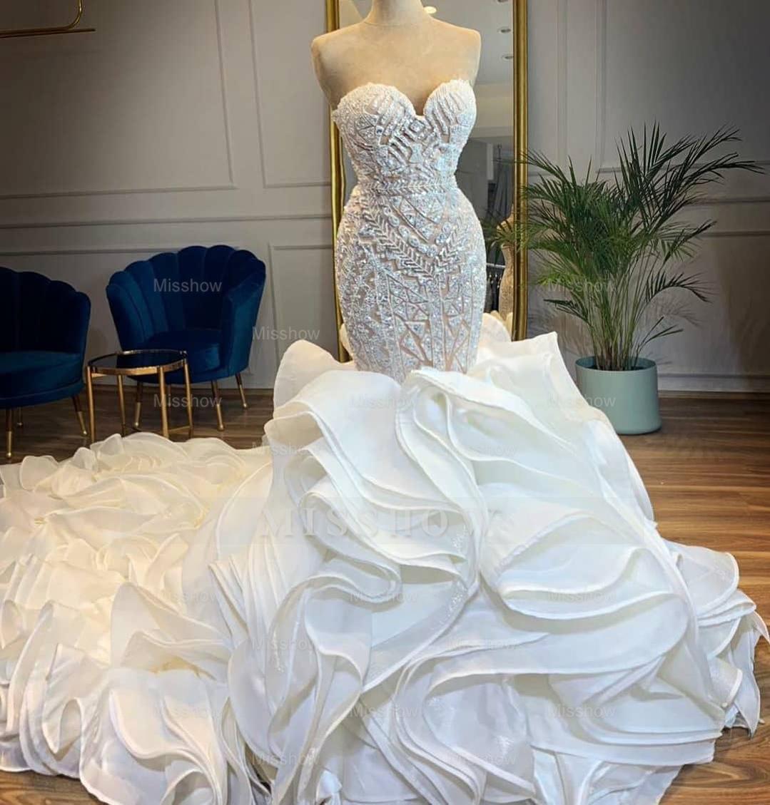 Elegant Long Sweetheart Lace Up Beads Mermaid Wedding Dresses with Ruffles