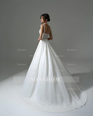 Elegant Long White A-line Beading Lace Pearls Sleeveless Wedding Dress With Slit