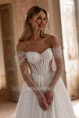 Elegant Long White A-line Off-the-shoulder Tulle Rhinestones Pearls Wedding Dress