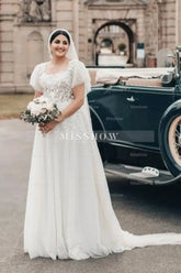 Elegant Long White A-line Square Neck Tulle Lace Wedding Dress with Short Sleeves