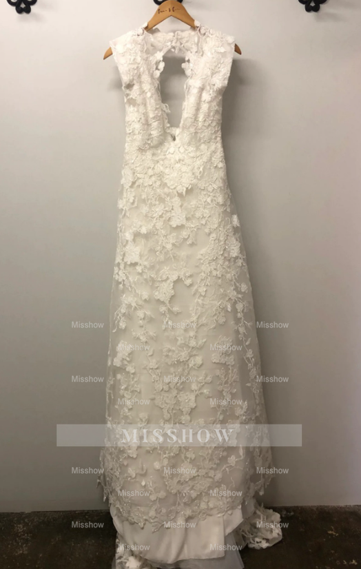 Elegant Long White A-line V-neck Sleeveless Lace Wedding Dress
