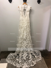 Elegant Long White A-line V-neck Sleeveless Lace Wedding Dress