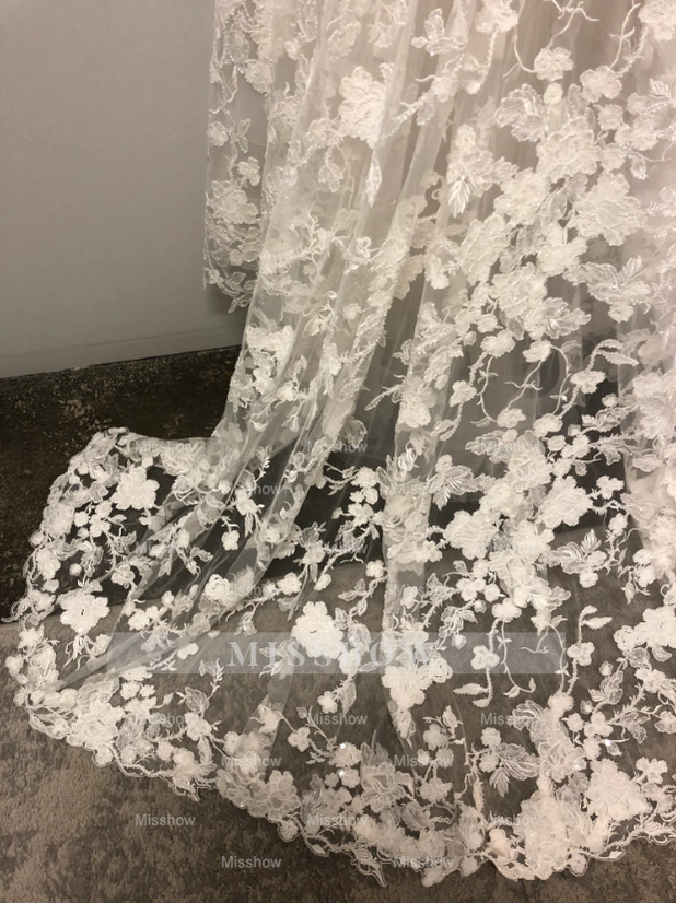 Elegant Long White A-line V-neck Sleeveless Lace Wedding Dress