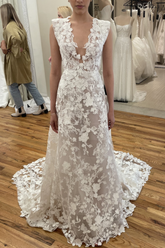 Elegant Long White A-line V-neck Sleeveless Lace Wedding Dress