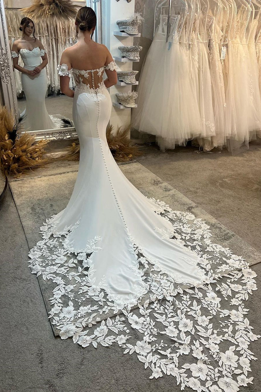 Elegant Long White Mermaid Off the shoulder Appliques Wedding Dress Wi misshow