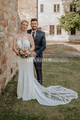 Elegant Long White Mermaid Sleeveless Lace Backless Wedding Dress with Train