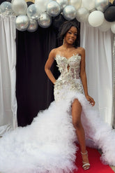 Elegant Long White Mermaid Strapless Beaded Prom Dress with Slit and Ruffles