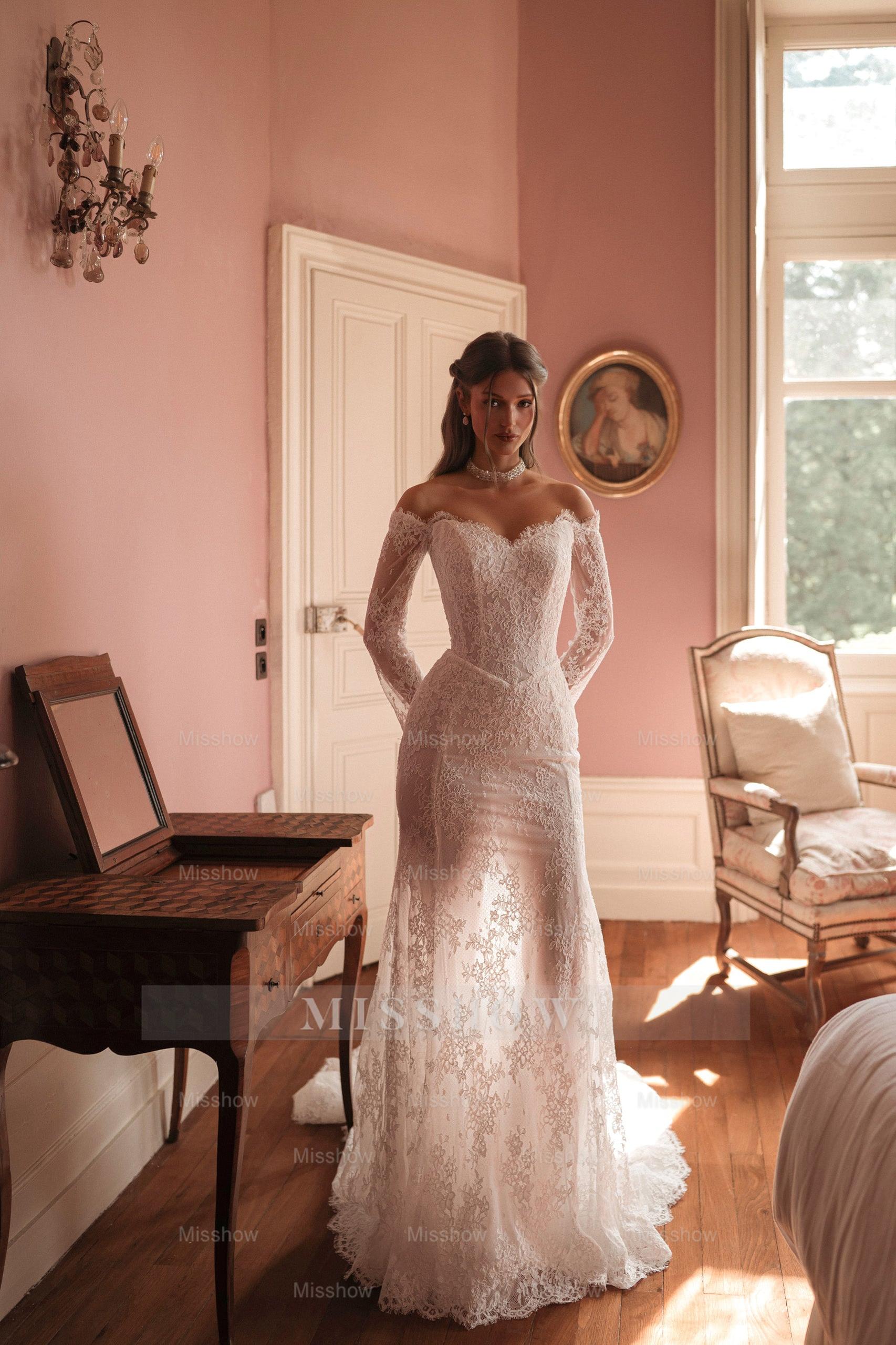 Elegant Long White Off-the-shoulder Mermaid Wedding Dress with Lace
