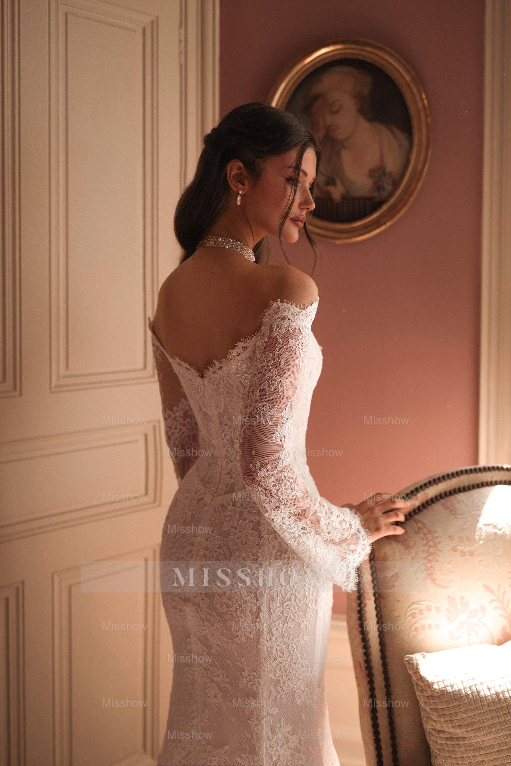 Elegant Long White Off-the-shoulder Mermaid Wedding Dress with Lace