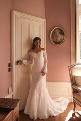 Elegant Long White Off-the-shoulder Mermaid Wedding Dress with Lace