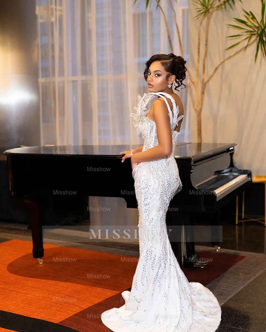 Elegant Long White One-Shoulder Sleeveless Mermaid Prom Dress with Sequins and Beadings