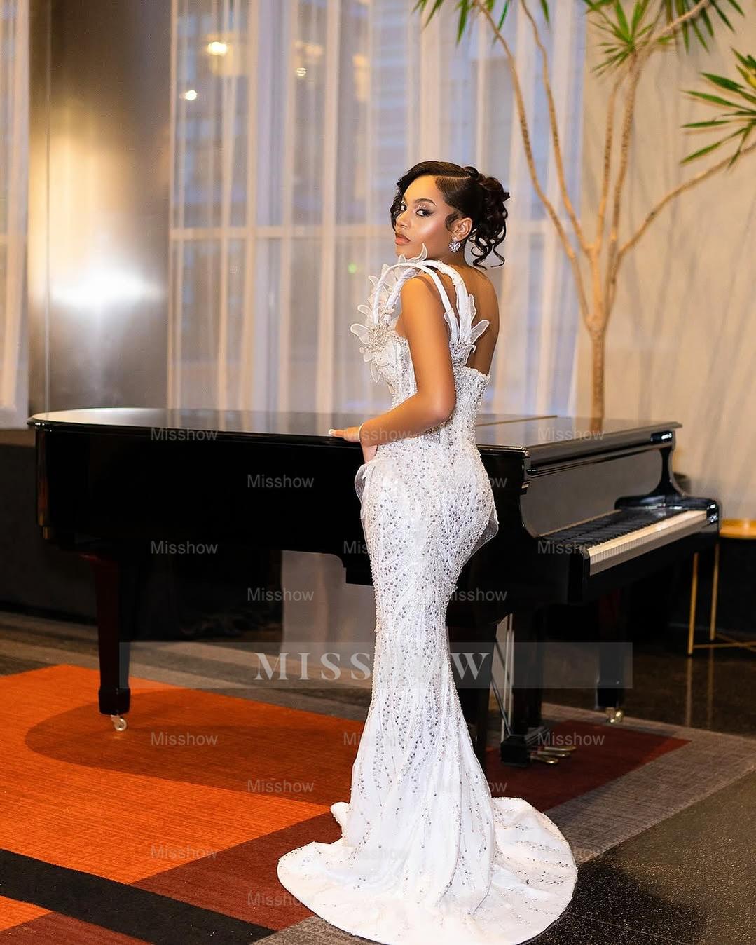 Elegant Long White One-Shoulder Sleeveless Mermaid Prom Dress with Sequins and Beadings