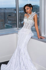 Elegant Long White One-Shoulder Sleeveless Mermaid Prom Dress with Sequins and Beadings