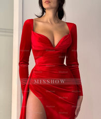 Elegant Long-sleeve A-line Split Red V-neck Prom Dresses