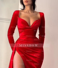 Elegant Long-sleeve A-line Split Red V-neck Prom Dresses